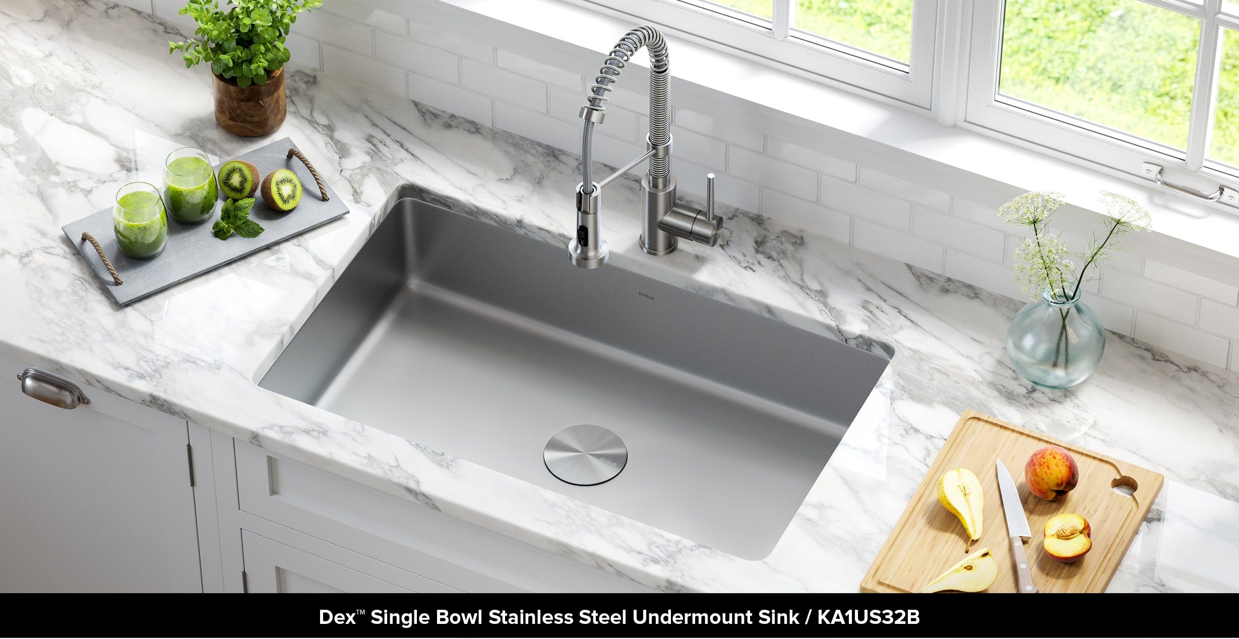 Kraus Dex single bowl stainless steel undermount sink in white kitchen counter with spot-free stainless commercial faucet