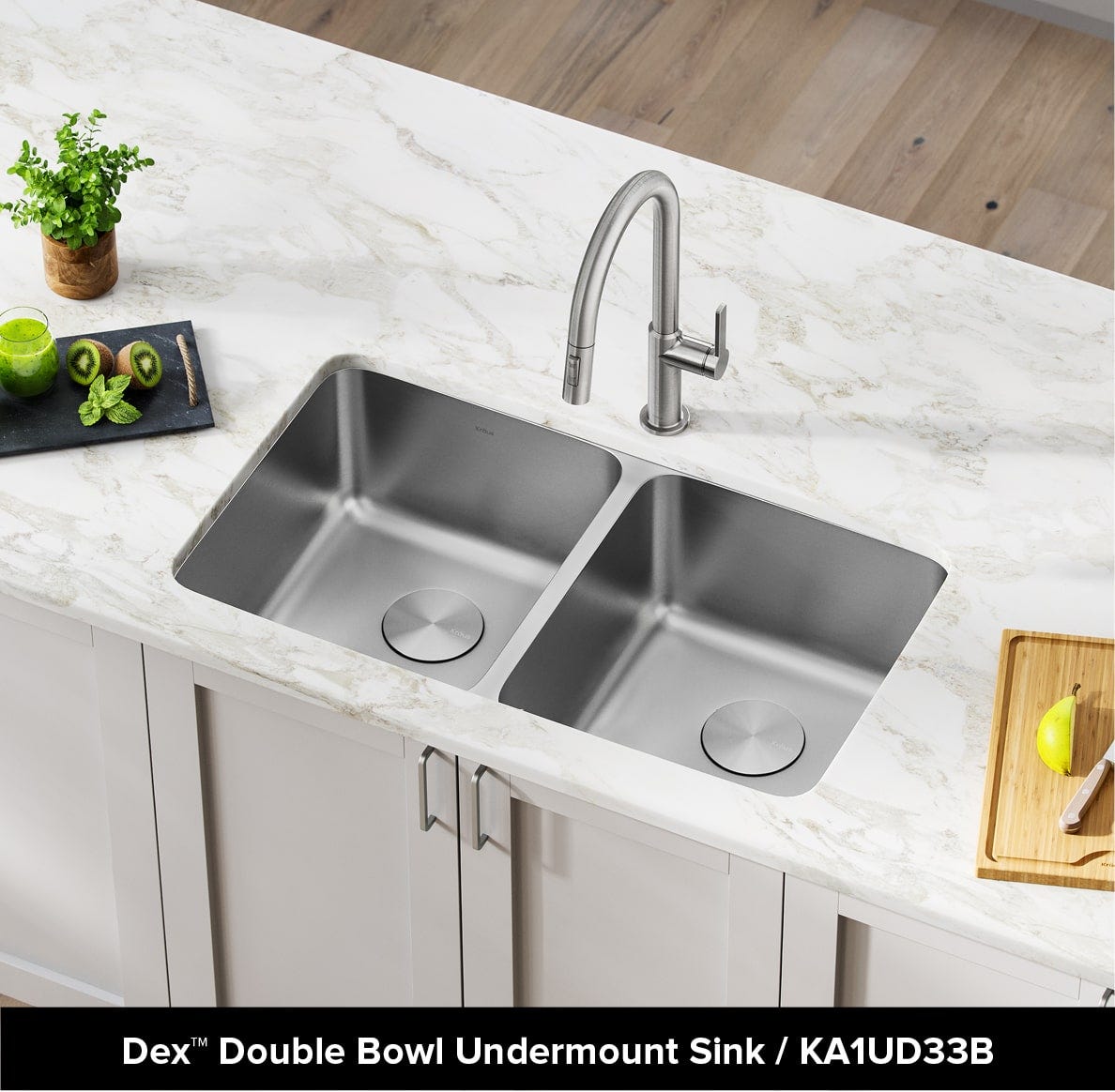 Kraus Dex stainless steel double bowl undermount sink in white kitchen counter with spot free stainless steel pull down faucet