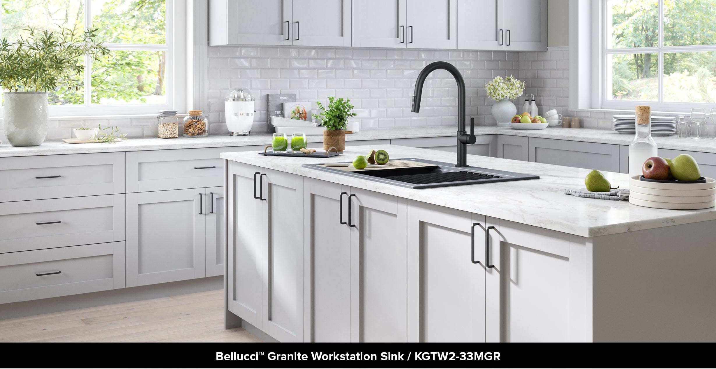 Kraus gray granite workstation sink from Bellucci collection in all white kitchen with matte black pull down faucet