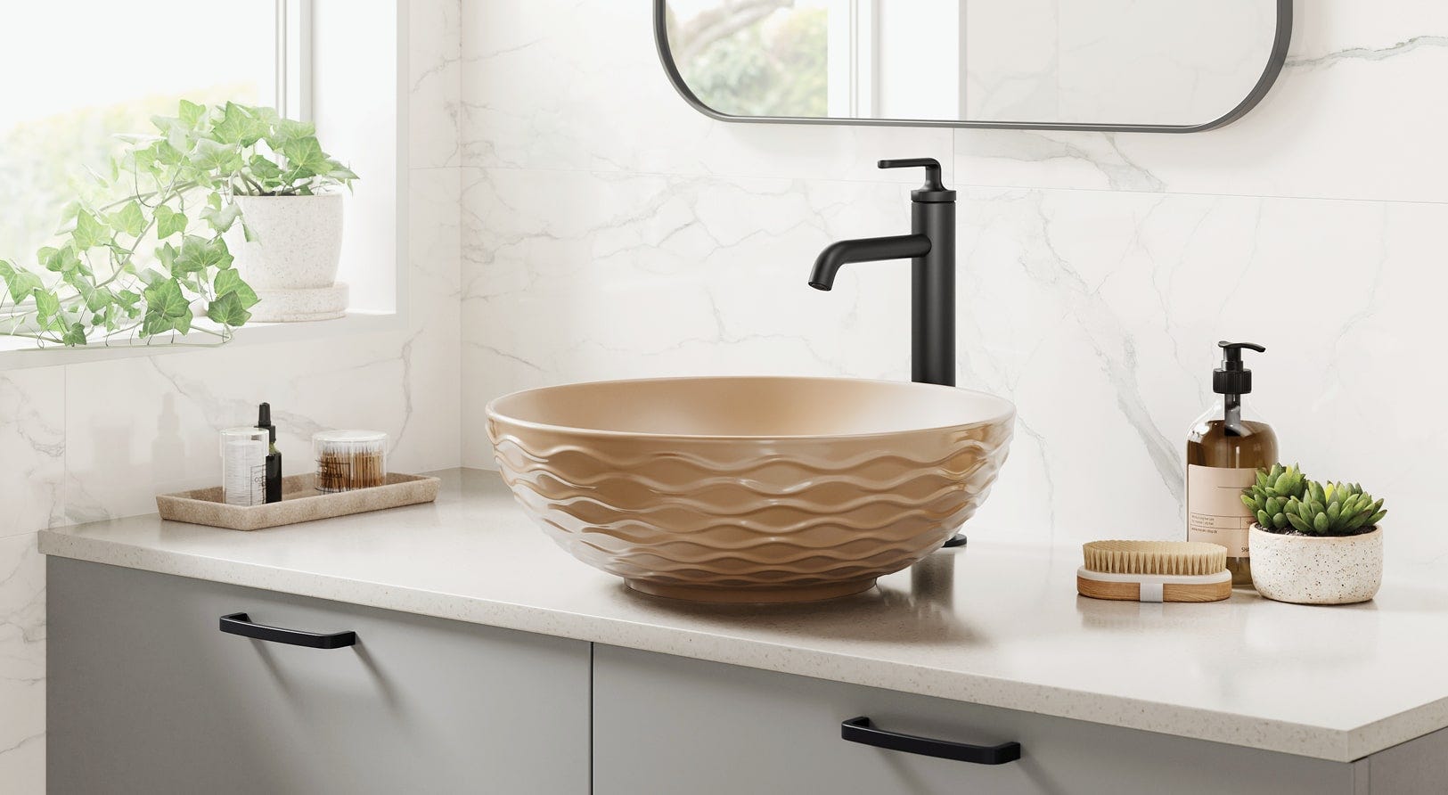 beige bathroom ceramic vessel bowl sink with black single handle faucet