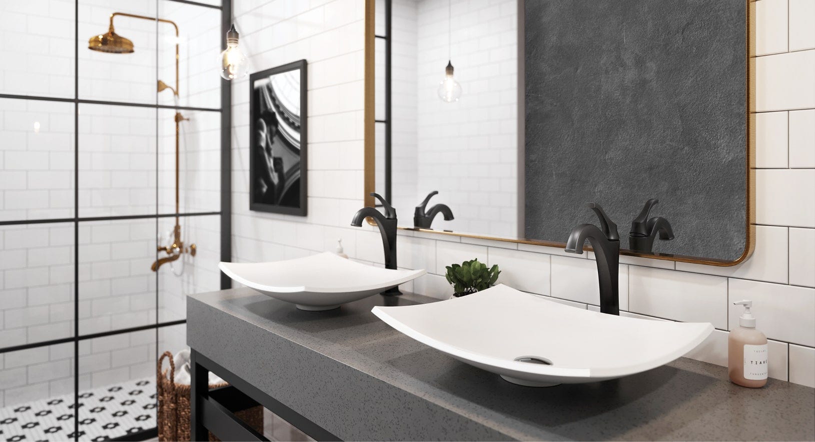 two white rectangular ceramic bathroom vessel sink with matte black faucet