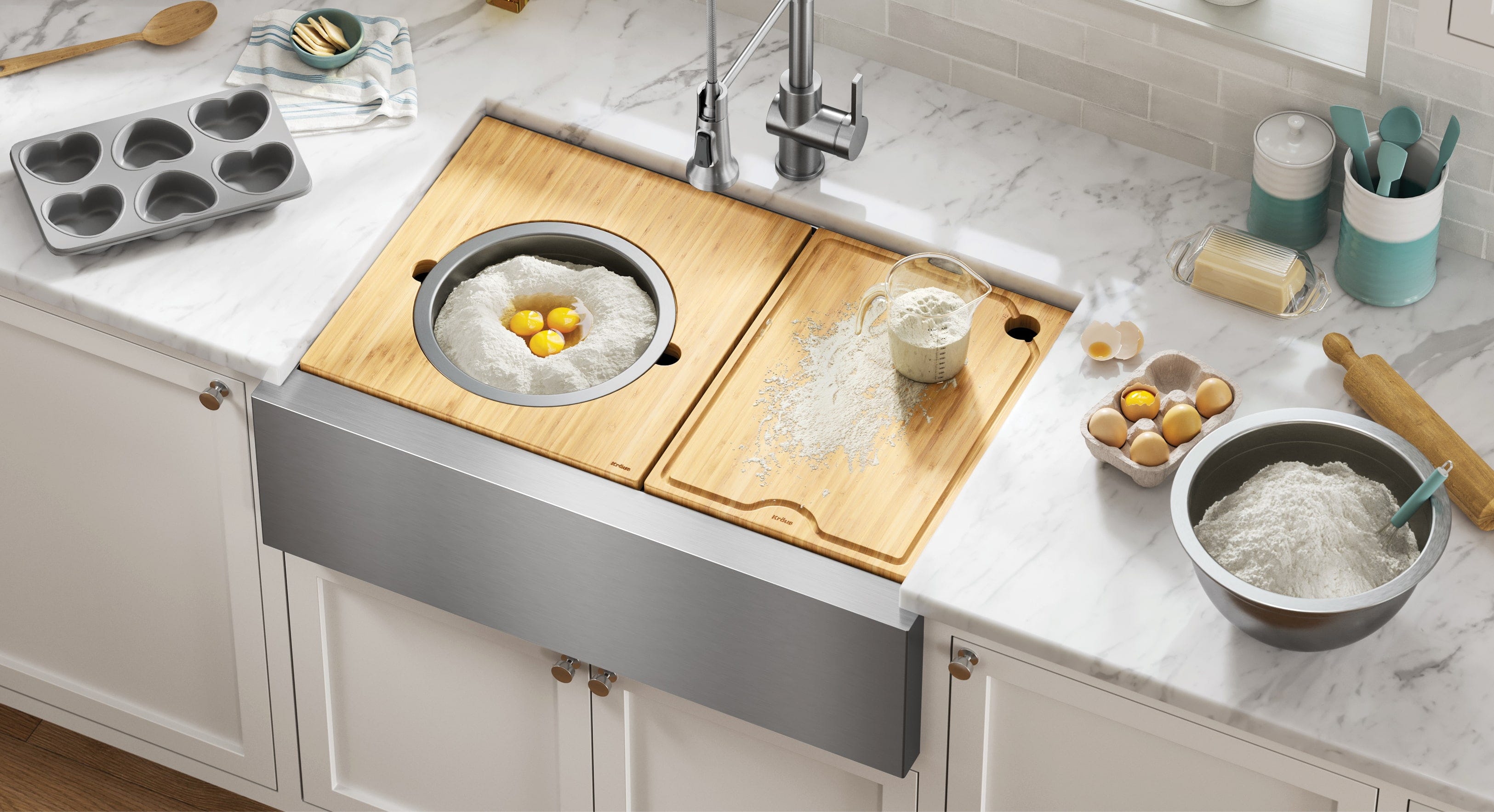 Workstation 30 Farmhouse Stainless Steel Kitchen Sink with Pull-Down Kitchen Faucet in SFS Egg & Powder in Serving Board, Measuring Cup, Plate, Utensils