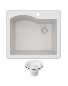 Quarza 25" Drop-In/Undermount Granite Single Bowl Kitchen Sink and Strainer in White.