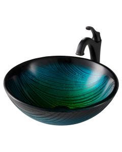 Green Glass Vessel 17" Bathroom Sink w/ Arlo Vessel Faucet and Pop-Up Drain in Oil Rubbed Bronze