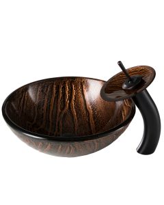 Brown Glass Vessel 17" Bathroom Sink w/ Waterfall Faucet and Pop-Up Drain in Oil Rubbed Bronze