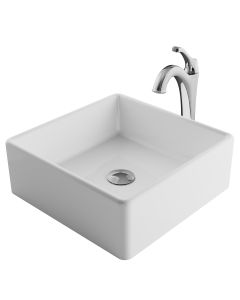 Square Vessel 15" Ceramic Bathroom Sink in White w/ Arlo Vessel Faucet and Pop-Up Drain in Chrome