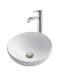 Round Vessel 16" Ceramic Bathroom Sink in White w/ Vessel Faucet and Pop-Up Drain in Satin Nickel