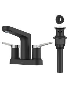 Indy 2-Handle 4-inch Centerset Bathroom Faucet in Spot-Free Brushed Nickel / Matte Black with Pop Up Drain.
