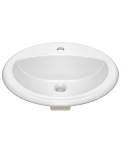 Elavo Oval Porcelain Ceramic Self-Rimming Drop-In Top Mount Bathroom Sink in White.