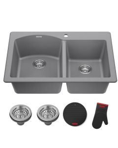 Grey Forteza undermount 60/40 double bowl kitchen sink with accessories: two strainers, silicone mitt, silicone trivet