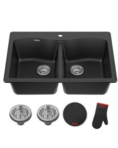 Black undermount 50/50 double bowl kitchen sink with accessories: two strainers, silicone mitt, silicone trivet