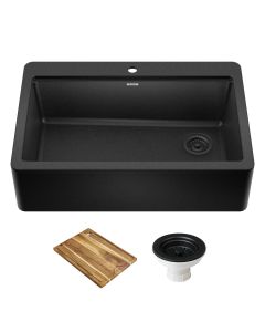 Bellucci 33" Workstation Drop-In Retrofit Farmhouse Single Bowl Granite Kitchen Sink in Black with Accessories.
