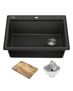 Bellucci Workstation 28" Drop-In Top Mount Granite Single Bowl Kitchen Sink in Metallic Black with Accessories.