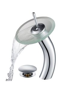 Waterfall Bathroom Faucet with Frosted Glass Disk and Pop-Up Drain in Chrome