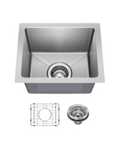 Fairlane 15” Undermount Single Bowl Stainless Steel Kitchen Bar Sink with Accessories.