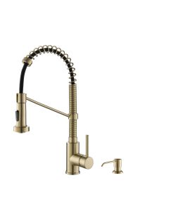 Commercial Style Pull-Down Single Handle 18" Kitchen Faucet in Spot Free Antique Champagne Bronze with Soap Dispenser 
