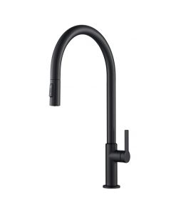 Kraus Oletto High-Arc Single Handle Pull-Down Kitchen Faucet in Matte Black.
