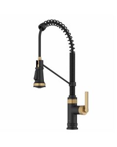 Allyn Commercial Style 2-Function Single Handle Pull Down Kitchen Faucet in Spot-Free Brushed Brass / Matte Black.
