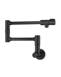 Bolden 2 Handle Wall Mount Pot Filler Faucet with Retractable Arm in Matte Black.