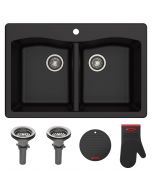 Kraus Forteza™ 33" Drop-In/Undermount Granite 50/50 Double Bowl Kitchen Sink in Black with accessories
