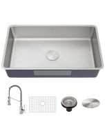 32" Undermount 16 Gauge Stainless Steel Single Bowl Kitchen Sink with Spot Free 18-Inch Commercial Kitchen Faucet with Dual Function Pull-Down Sprayhead in all-Brite Stainless Steel