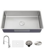 32" Undermount 16 Gauge Stainless Steel Single Bowl Kitchen Sink w/ Bolden Commercial Pull-Down Faucet in Spot Free Stainless Steel