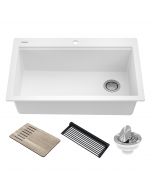 Workstation 33" Drop-In Top Mount Granite Composite Single Bowl Kitchen Sink in White with Accessories