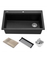 Workstation 33" Drop-In Top Mount Granite Composite Single Bowl Kitchen Sink in Metallic Black with Accessories
