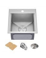 Workstation 15" Outdoor Drop-in 16 Gauge Marine Grade T-316 Stainless Steel Square Single Bowl Kitchen Bar Sink with Accessories