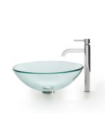 Clear Glass Vessel 16 1/2" Bathroom Sink w/ Vessel Faucet and Pop-Up Drain in Chrome