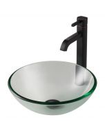 Clear Glass Vessel 14" Bathroom Sink w/ Vessel Faucet and Pop-Up Drain in Oil Rubbed Bronze