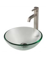 Clear Glass Vessel 14" Bathroom Sink w/ Vessel Faucet and Pop-Up Drain in Satin Nickel