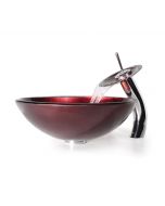 Irruption Red Glass Vessel 16 1/2" Bathroom Sink w/ Waterfall Faucet and Pop-Up Drain in Chrome