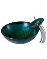 Green Glass Vessel 17" Bathroom Sink w/ Waterfall Faucet and Pop-Up Drain in Chrome