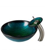 Green Glass Vessel 17" Bathroom Sink w/ Waterfall Faucet and Pop-Up Drain in Satin Nickel