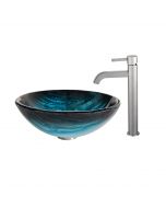 Blue Glass Vessel 17" Bathroom Sink w/ Vessel Faucet and Pop-Up Drain in Satin Nickel