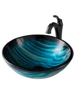 Blue Glass Vessel 17" Bathroom Sink w/ Arlo Vessel Faucet and Pop-Up Drain in Oil Rubbed Bronze