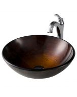 Copper Brown Glass Vessel 16 1/2" Bathroom Sink w/ Arlo Vessel Faucet and Pop-Up Drain in Chrome