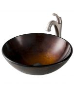 Copper Brown Glass Vessel 16 1/2" Bathroom Sink w/ Arlo Vessel Faucet and Pop-Up Drain in Spot Free Brushed Nickel