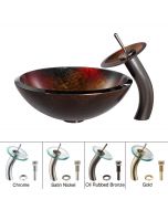 Red/Gold Glass Vessel 17" Bathroom Sink w/ Waterfall Faucet and Pop-Up Drain in Oil Rubbed Bronze