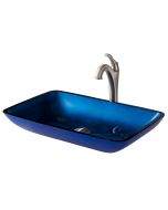 Blue Rectangular Glass Vessel 22" Bathroom Sink w/ Arlo Vessel Faucet and Pop-Up Drain in Stainless Brushed Nickel