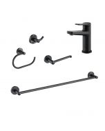 Indy Single Handle Bathroom Faucet with 24" Towel Bar, Paper Holder, Towel Ring and Robe Hook in Matte Black