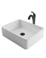 Rectangular Vessel 19" Ceramic Bathroom Sink in White w/ Arlo Vessel Faucet and Pop-Up Drain in Matte Black