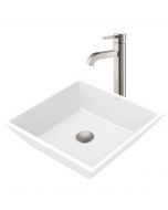 Square Vessel 16" Ceramic Bathroom Sink in White w/ Vessel Faucet and Pop-Up Drain in Satin Nickel