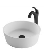 Round Vessel 15" Solid Surface Bathroom Sink in Matte White w/ Arlo Vessel Faucet and Pop-Up Drain in Matte Black