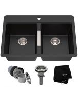 KRAUS Quarza™ 33" Drop-In/Undermount Granite 50/50 Double Bowl Kitchen Sink in Black Onyx with accessories
