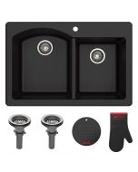 Kraus Forteza™ 33" Drop-In/Undermount Granite 60/40 Double Bowl Kitchen Sink in Black with accessories
