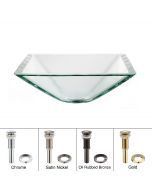 Clear Square Glass Vessel 16 1/2" Bathroom Sink w/ Pop-Up Drain in Chrome