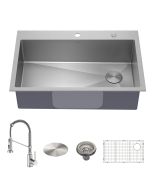 33" Drop-In/Undermount Kitchen Sink w/ Bolden Commercial Pull-Down Faucet in Spot Free Stainless Steel