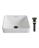 16 1/2" Square Semi-Recessed Ceramic Bathroom Sink in White with Pop-Up Drain in Oil Rubbed Bronze